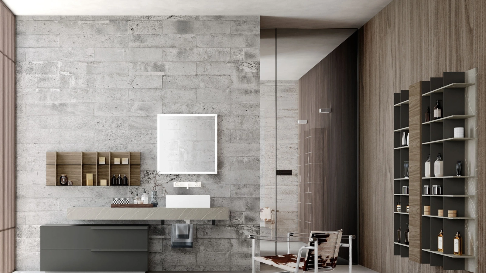 Mobile Bagno da appoggio M System 021 in laccato opaco Carbone e top in HPL di Baxar