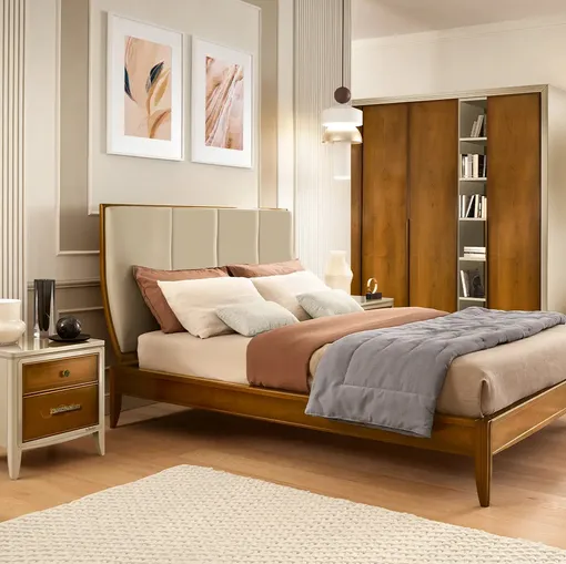 Letto Armonia in legno con testiera in pelle di Le Fablier