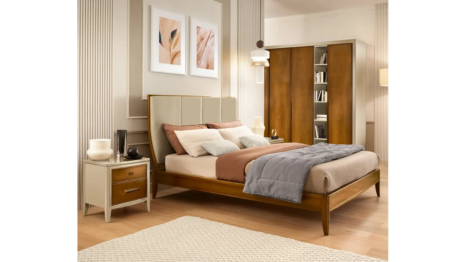 Letto Armonia in legno con testiera in pelle di Le Fablier