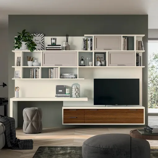 Parete Attrezzata in legno e laccato Bianco opaco Melograno composizione 87 di Le Fablier