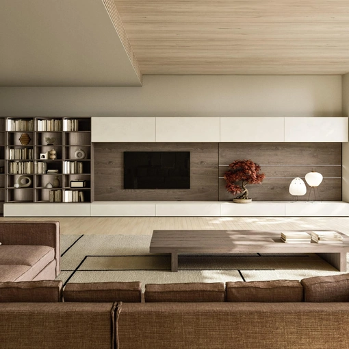 Parete Attrezzata Modula Composizione 02 in ceramica bianco calce e impiallacciato rovere di Snaidero