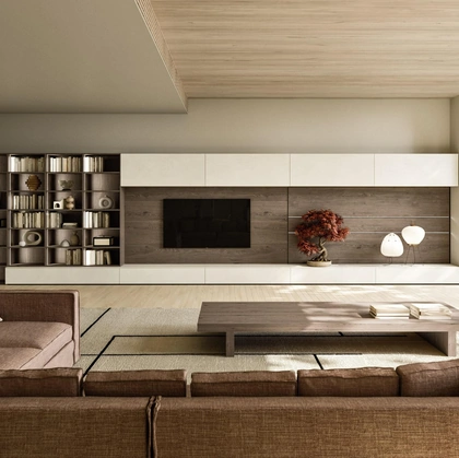 Parete Attrezzata Modula Composizione 02 in ceramica bianco calce e impiallacciato rovere di Snaidero