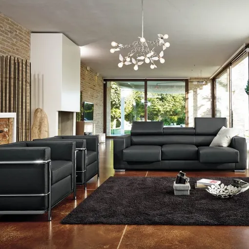 Salotto lineare Oregon in pelle con sedute estraibili di MorbidLine Salotti