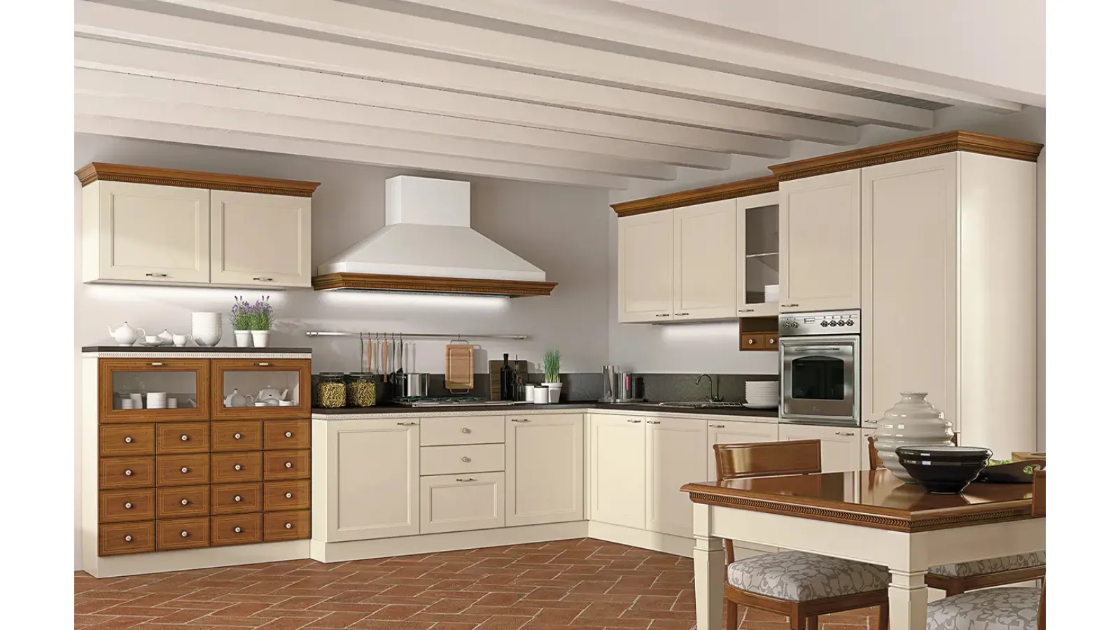 Cucina Classica angolare bicolore in laccato opaco e legno naturale I Ciliegi composizione 04 di Le Fablier