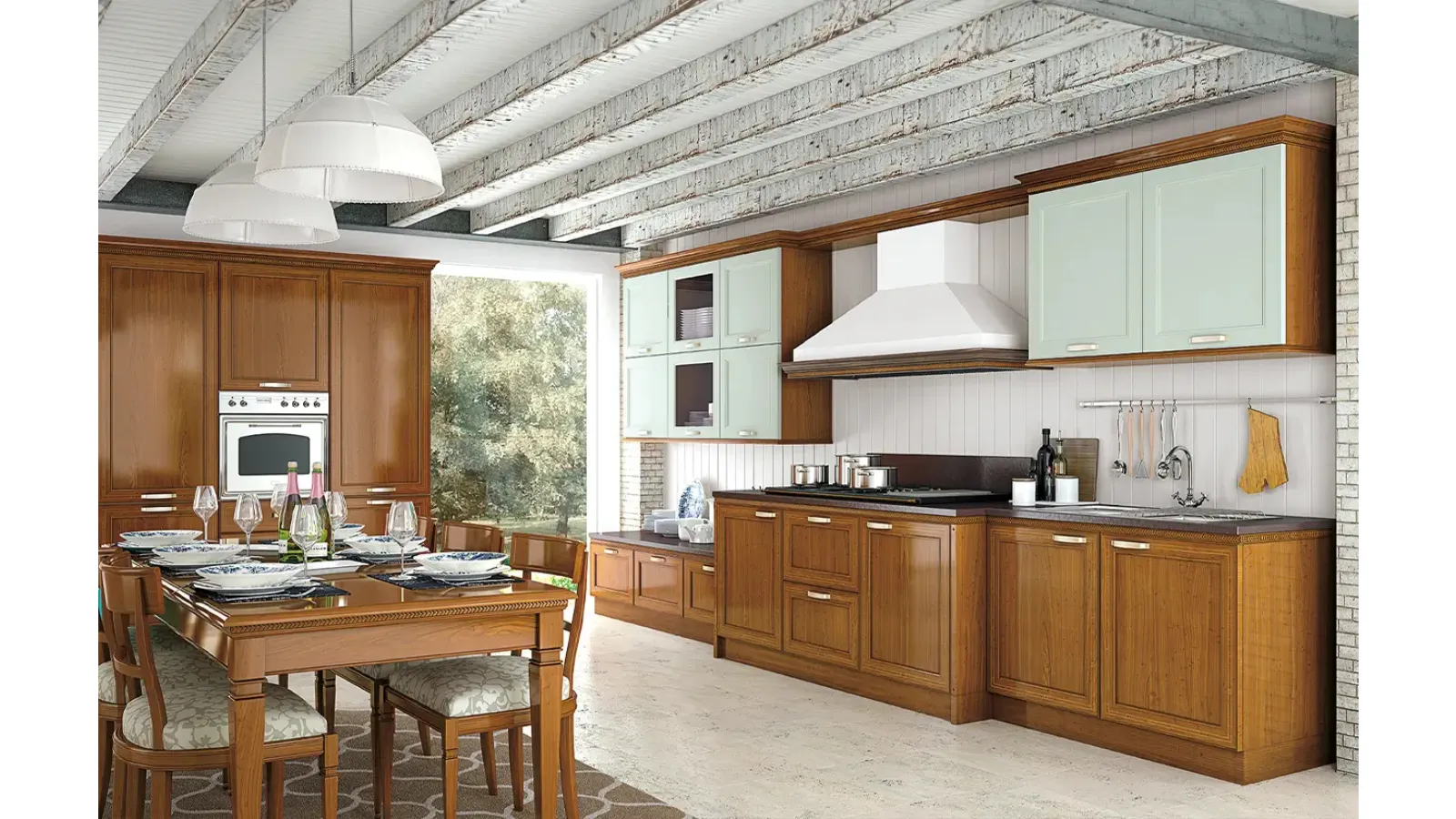 Cucina Classica ad angolo bicolore in legno naturale e laccato I Ciliegi composizione 05 di Le Fablier