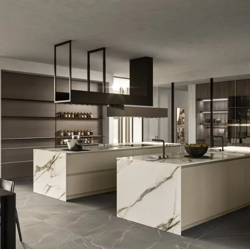 Cucina Design con doppia isola Link 02 in laccato e gres di Snaidero