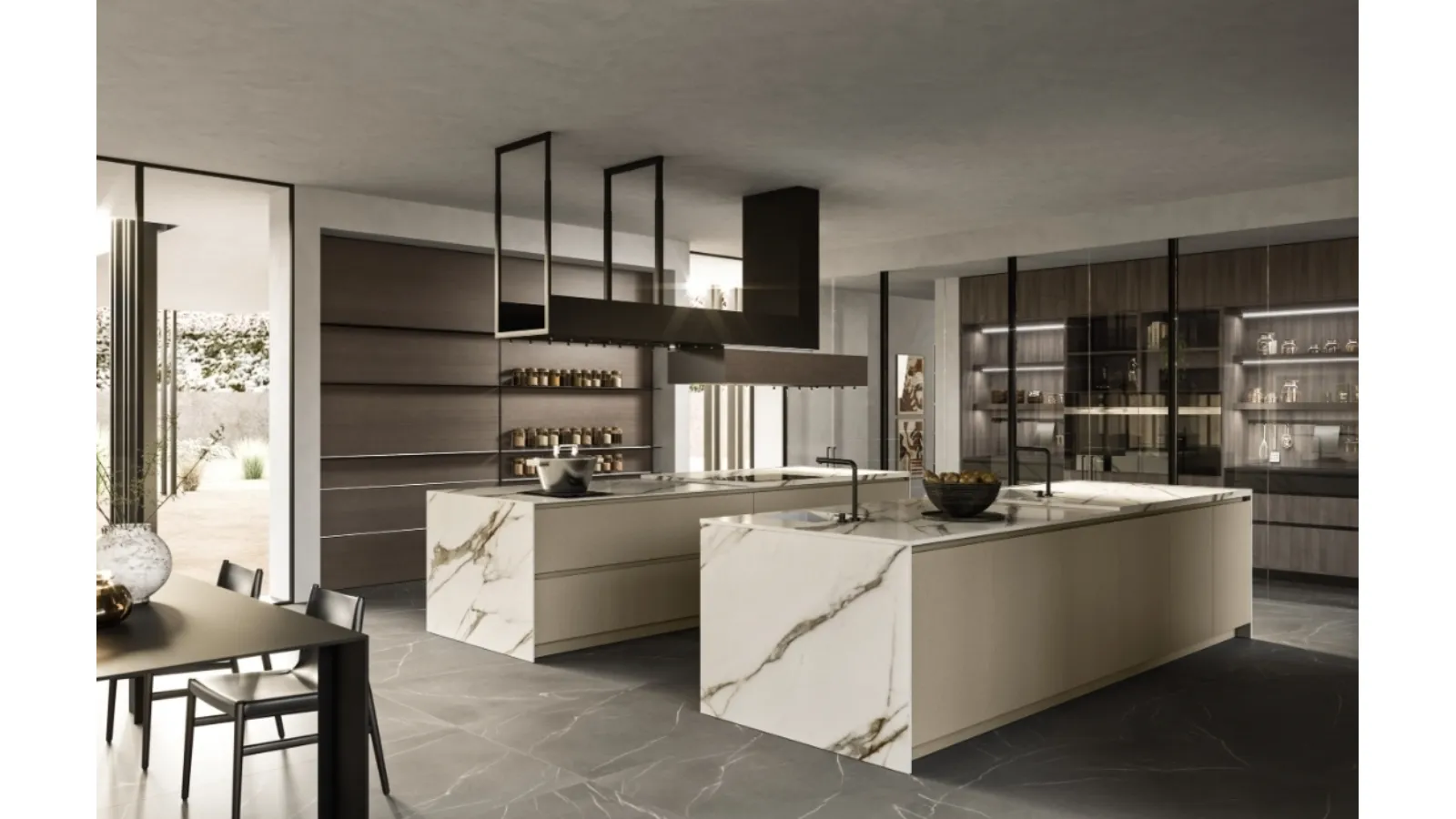 Cucina Design con doppia isola Link 02 in laccato e gres di Snaidero
