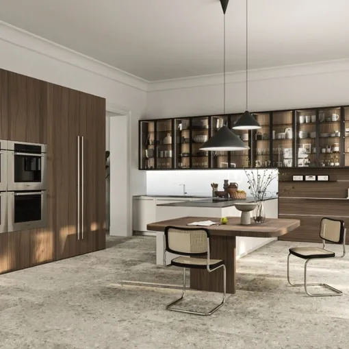 Cucina Design con penisola Opera 01 in legno e laccato di Snaidero