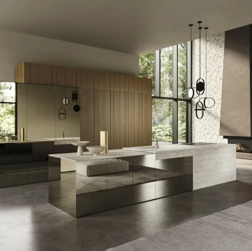 Cucina Design con isola Elementi 03 in vetro, legno e ceramica di Snaidero