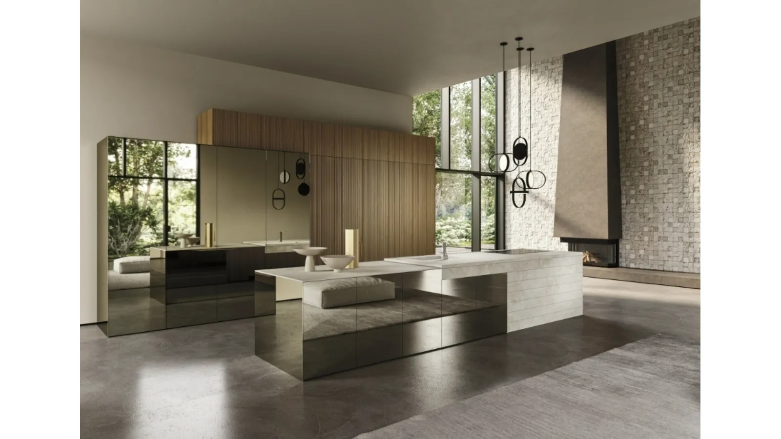 Cucina Design con isola Elementi 03 in vetro, legno e ceramica di Snaidero
