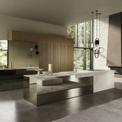 Cucina Design con isola Elementi 03 in vetro, legno e ceramica di Snaidero