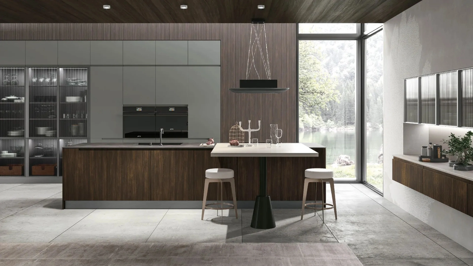 Cucina Moderna con isola Karma 08 in Rovere Corteccia e laccato Timo di Stosa