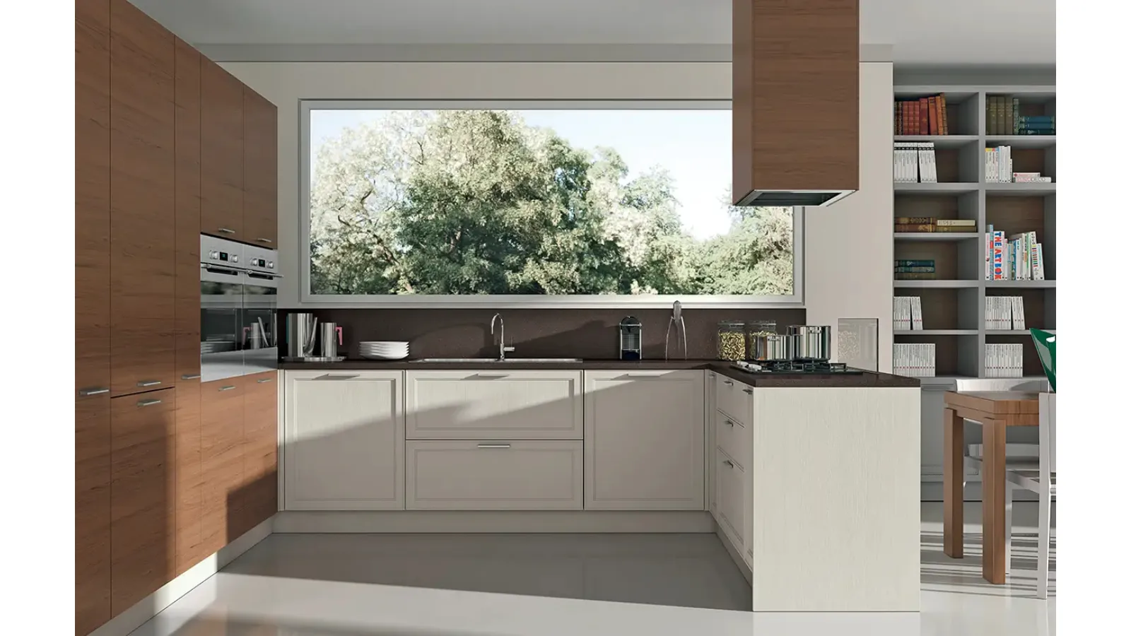 Cucina Moderna con penisola bicolore in laccato bianco opaco e legno naturale Melograno composizione 05 di Le Fablier