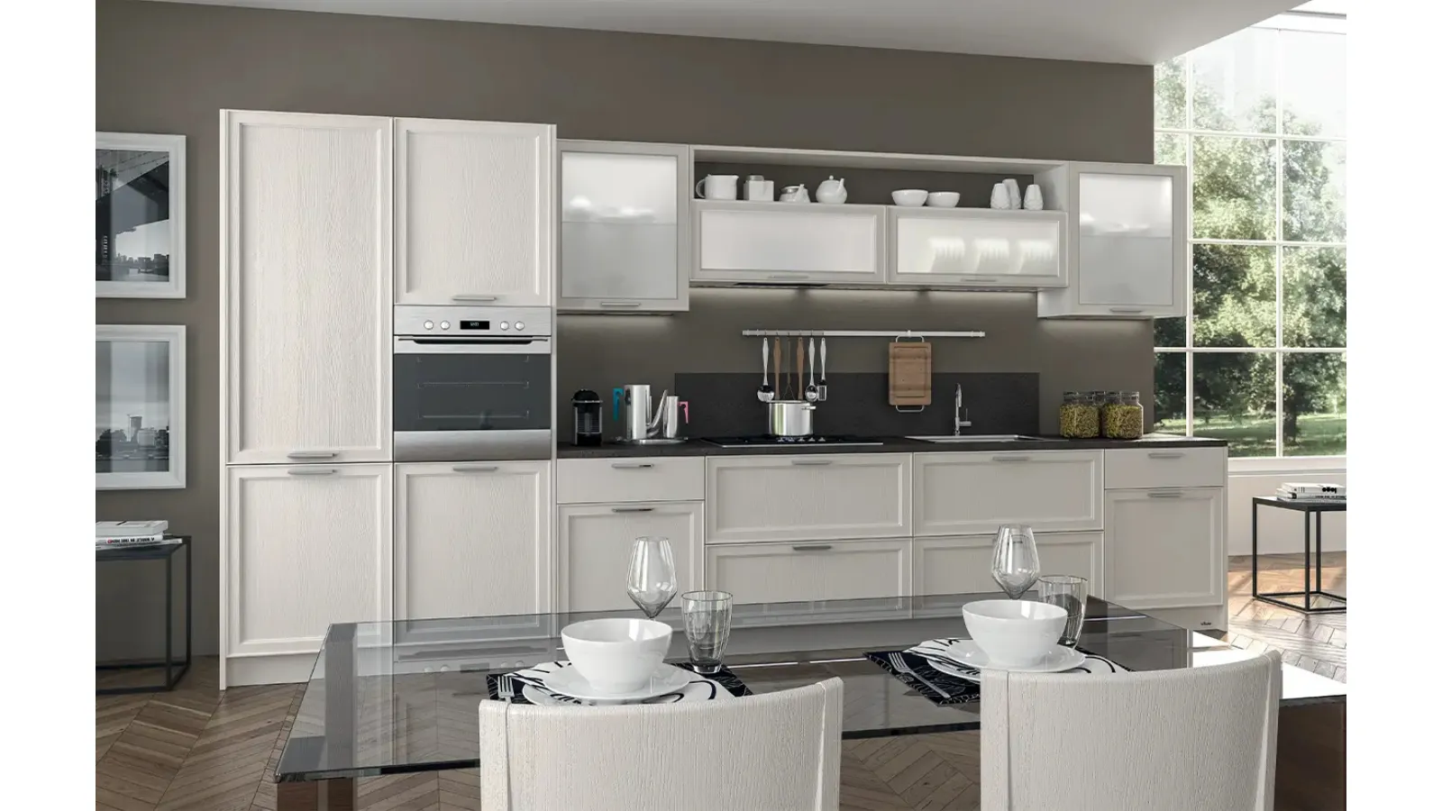 Cucina lineare Moderna in legno laccato opaco Melograno composizione 03 di Le Fablier