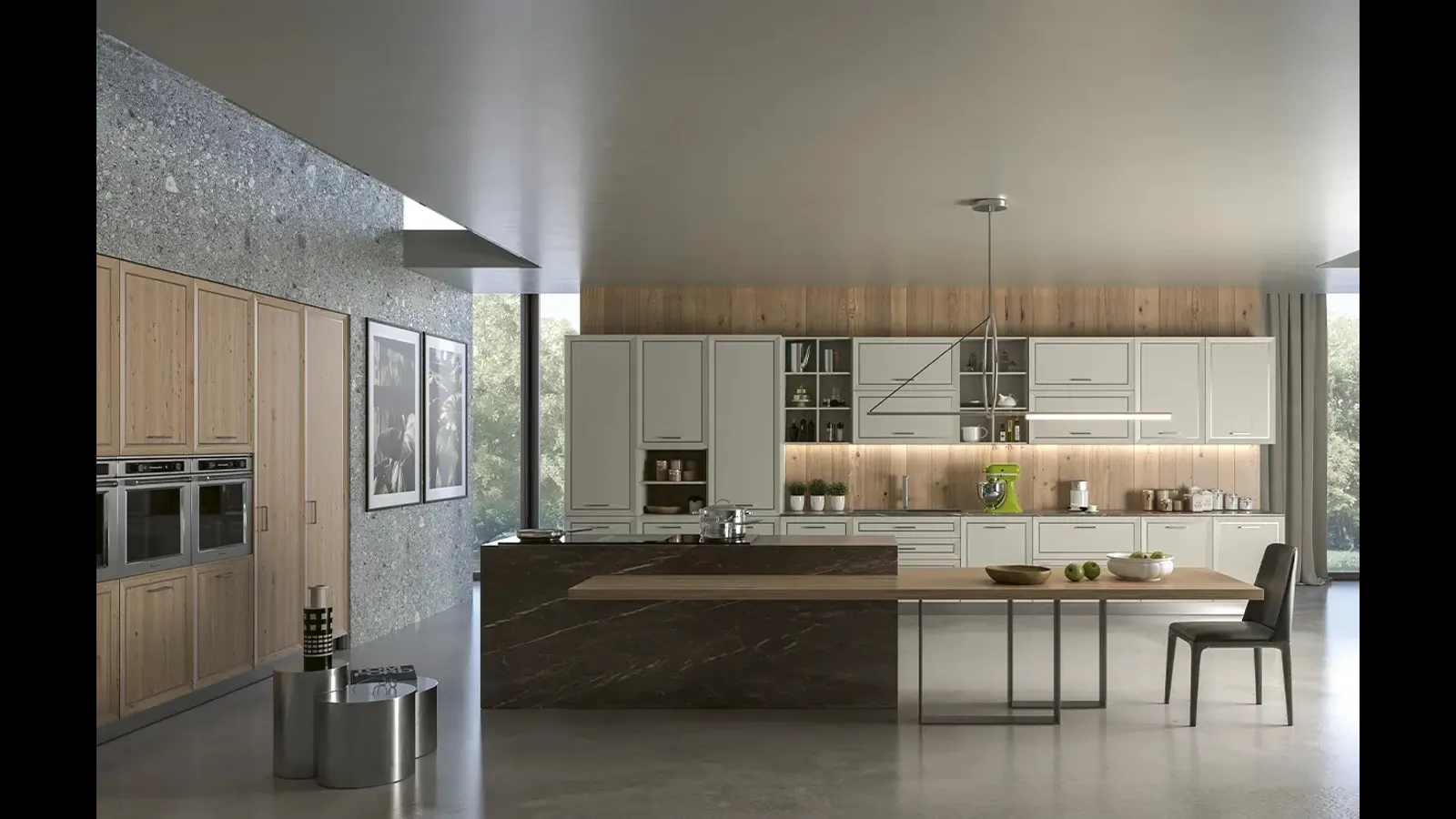 Cucina Moderna in legno laccato con isola in gres Melograno Olimpica di Le Fablier