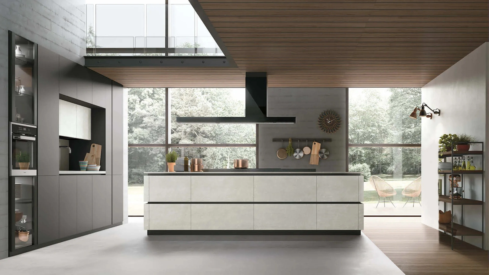 Cucina Moderna con isola Metropolis 10 in pet e materico Cemento Bianco di Stosa