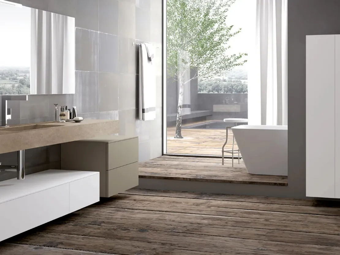 Mobile da Bagno sospeso laccato Bianco e Canapa con top in gres Essenze 25 di Archeda