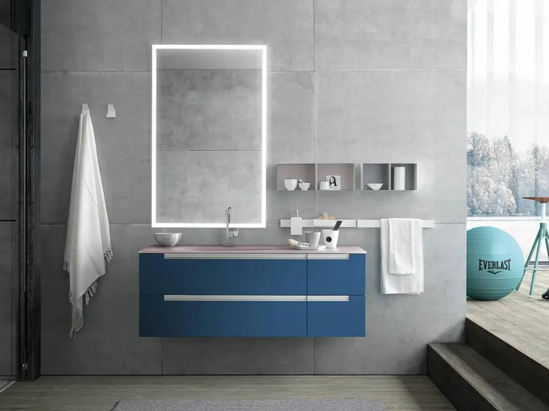 Mobile da Bagno sospeso Side 08 in laccato e top in vetro acidato con vasca integrata di Archeda