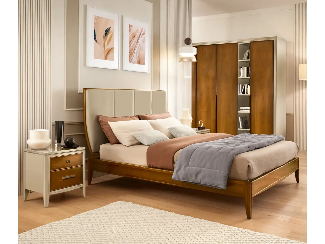 Letto Armonia in legno con testiera in pelle di Le Fablier