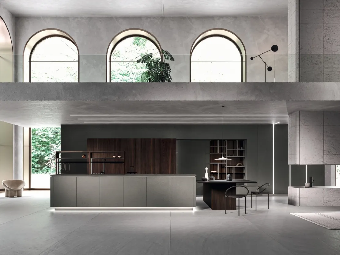 Cucina Design lineare Way Materia 01 in gres porcellanato effetto calce tortora di Snaidero