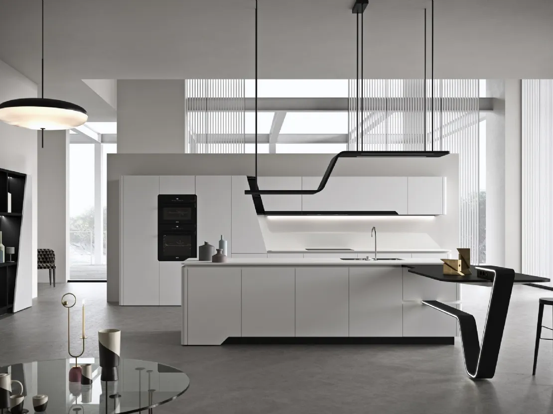 Cucina Design con isola dalla geometria perfetta in laccato opaco bianco Vision di Snaidero