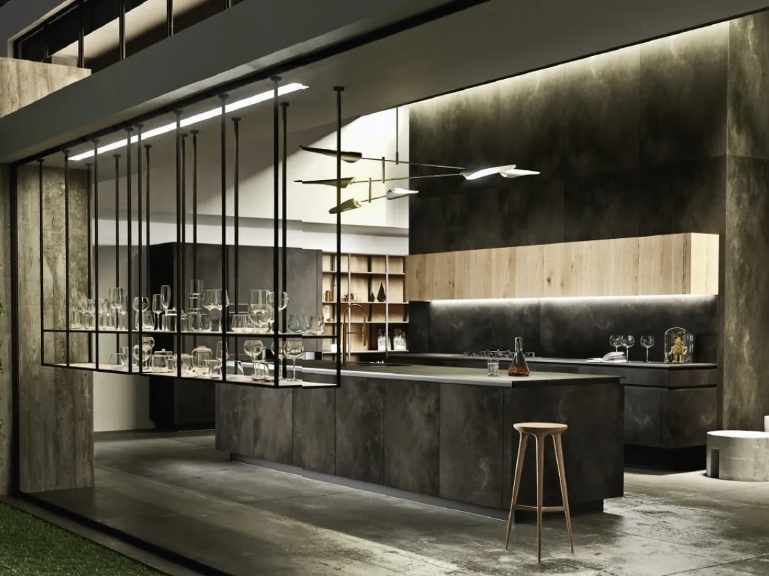 Cucina Design con isola Way Materia in gres Ossido Nero di Snaidero