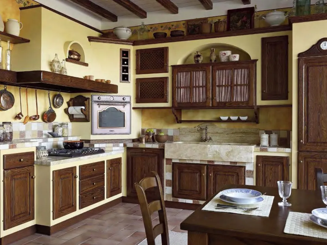 Cucina in Muratura ad angolo Mastro Cecco Castagno Spazzolato di Le Cucine dei Mastri