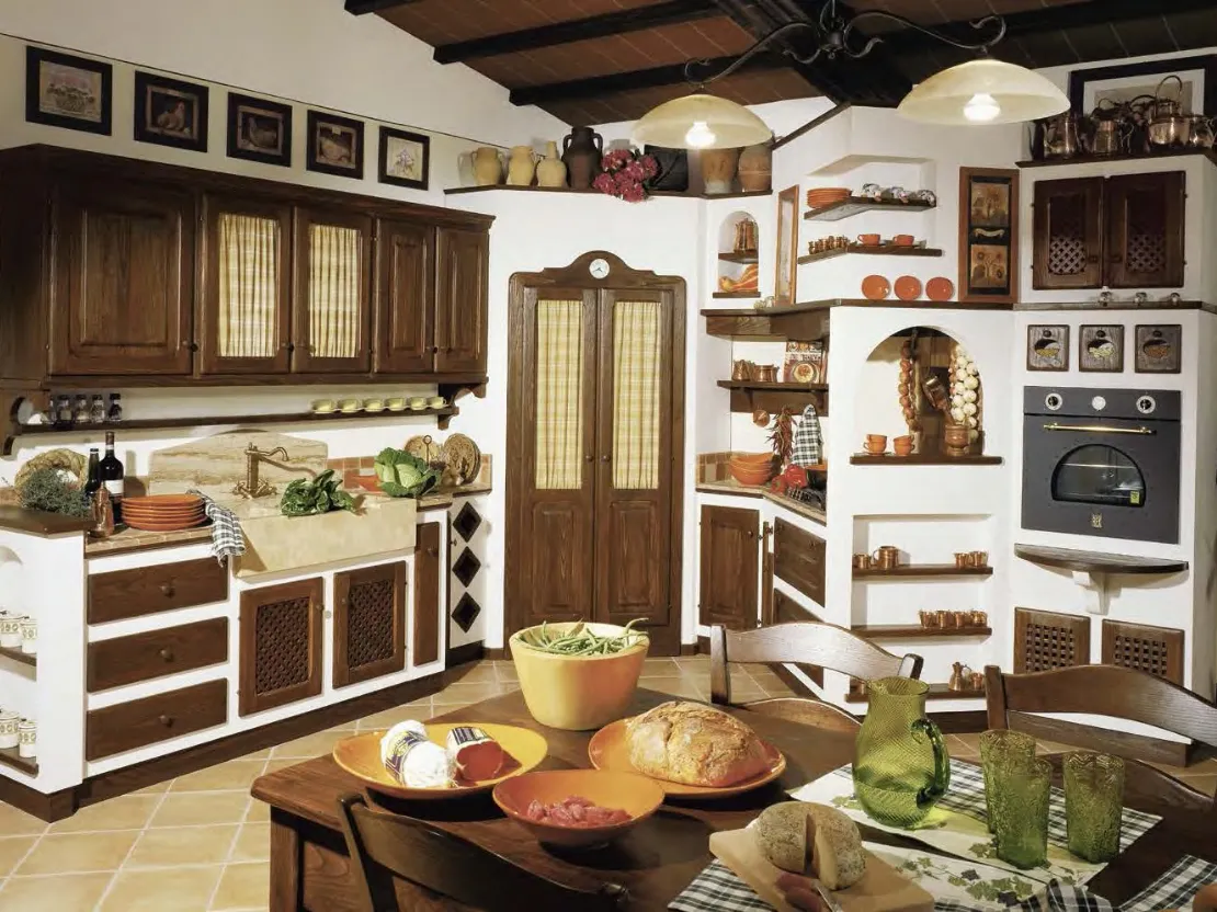 Cucina in Muratura ad angolo in finitura Castagno Spazzolato con top piastrellato Mastro Cecco di Le Cucine dei Mastri