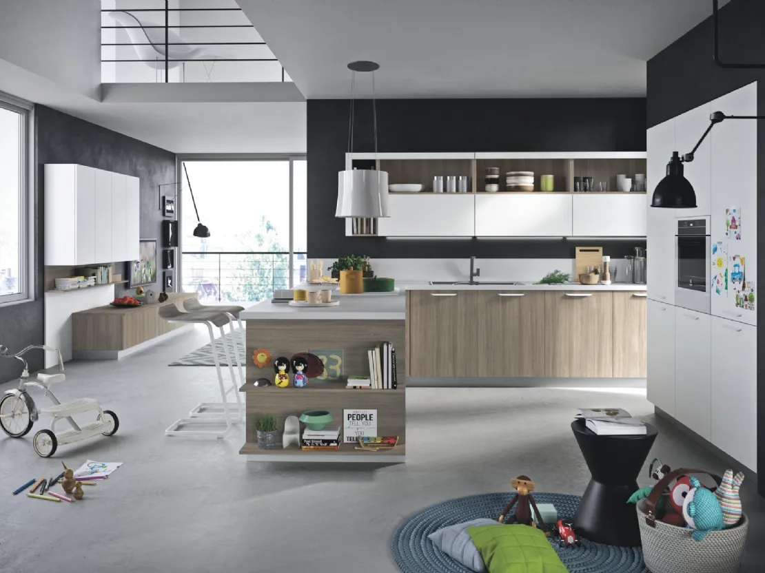 Cucina Moderna con penisola Fun in materico rovere e laccato bianco di Snaidero