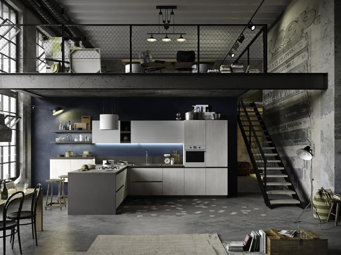 Cucina Moderna con penisola Joy 02 in materico rovere bianco gessato e grigio di Snaidero