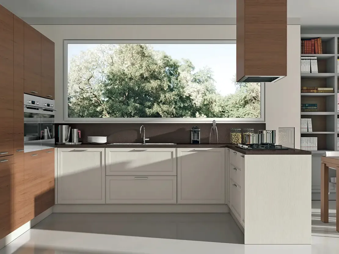 Cucina Moderna con penisola bicolore in laccato bianco opaco e legno naturale Melograno composizione 5 di Le Fablier