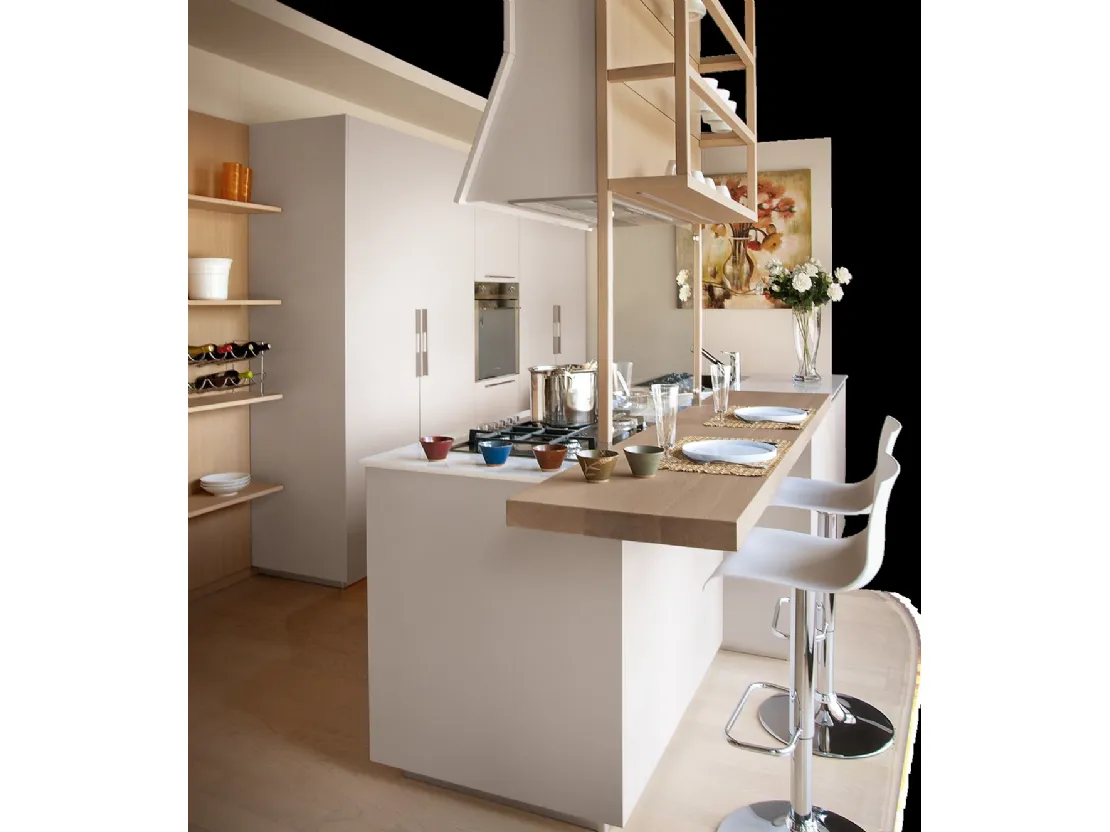 Cucina Moderna lineare con penisola in laccato Tortora opaco e legno di Rovere light Modula 25 di Le Cucine dei Mastri